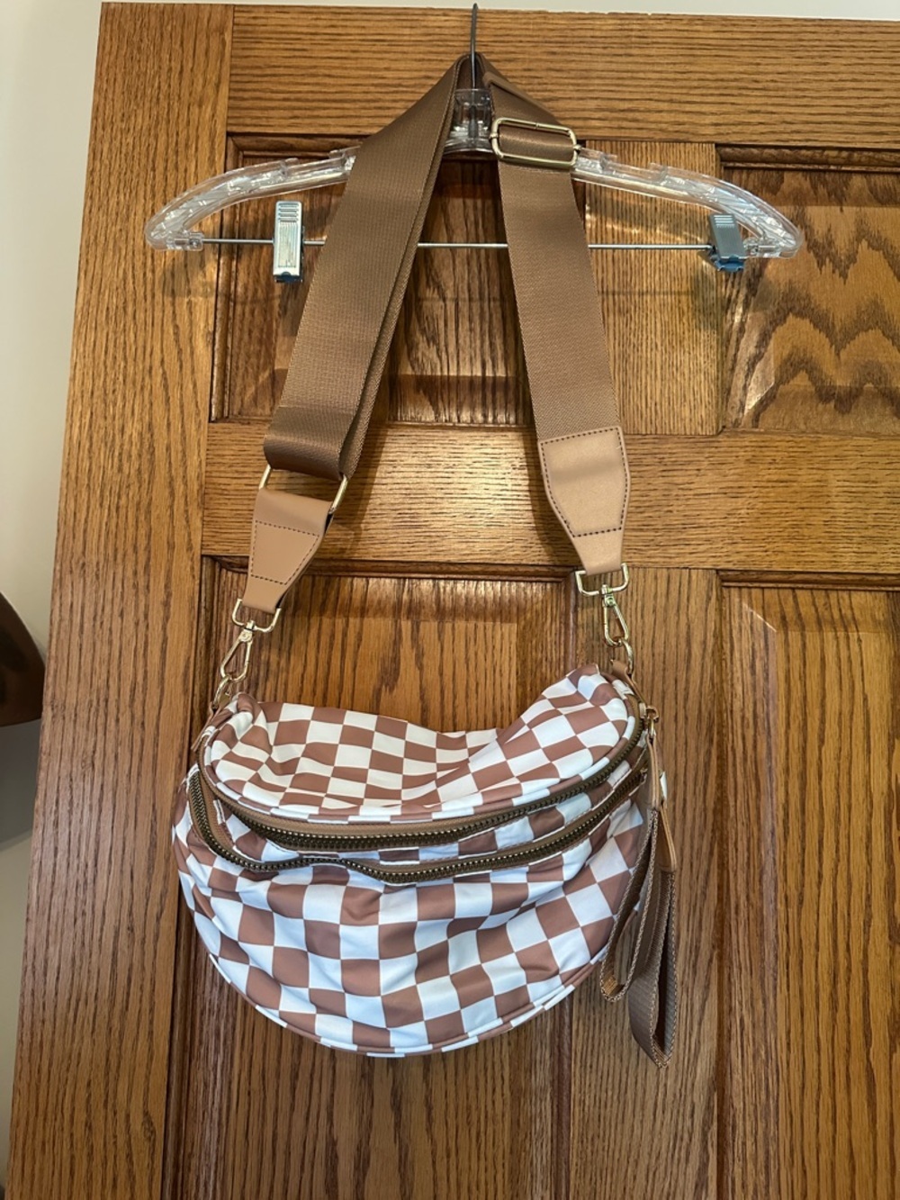 NWT MEISEY Checkerboard Crossbody Bag in Brown and White